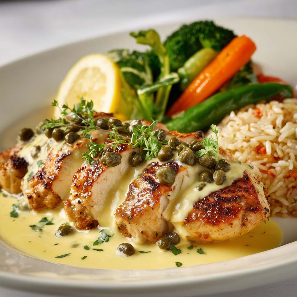 Lemon chicken with lemon-caper cream sauce, herbed rice, and garden steamed vegetables on elegant dinner plate