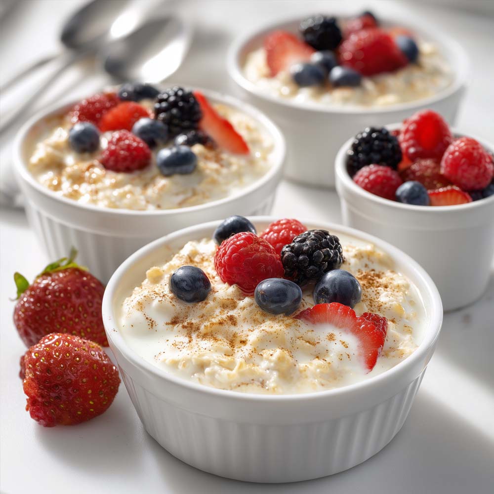 Overnight oats with creamy soaked texture, fresh berries, and cinnamon in bowl and individual containers