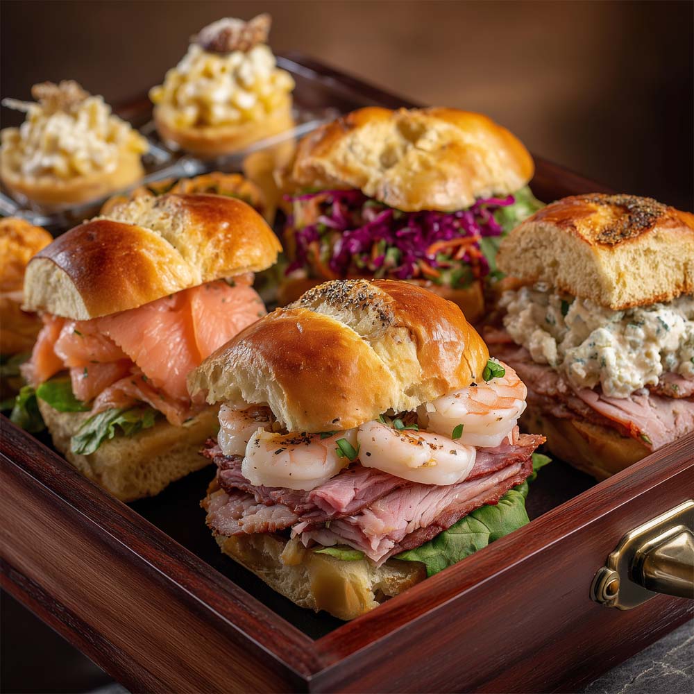 Philly gourmet tray with four luxury sandwiches including smoked salmon and grilled shrimp on artisan breads, with mini desserts