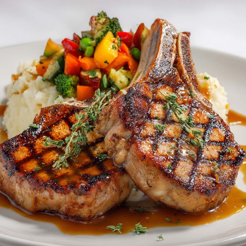 Two grilled bone-in pork chops with sage brown butter, garlic mashed potatoes, and vegetable medley on dinner plate