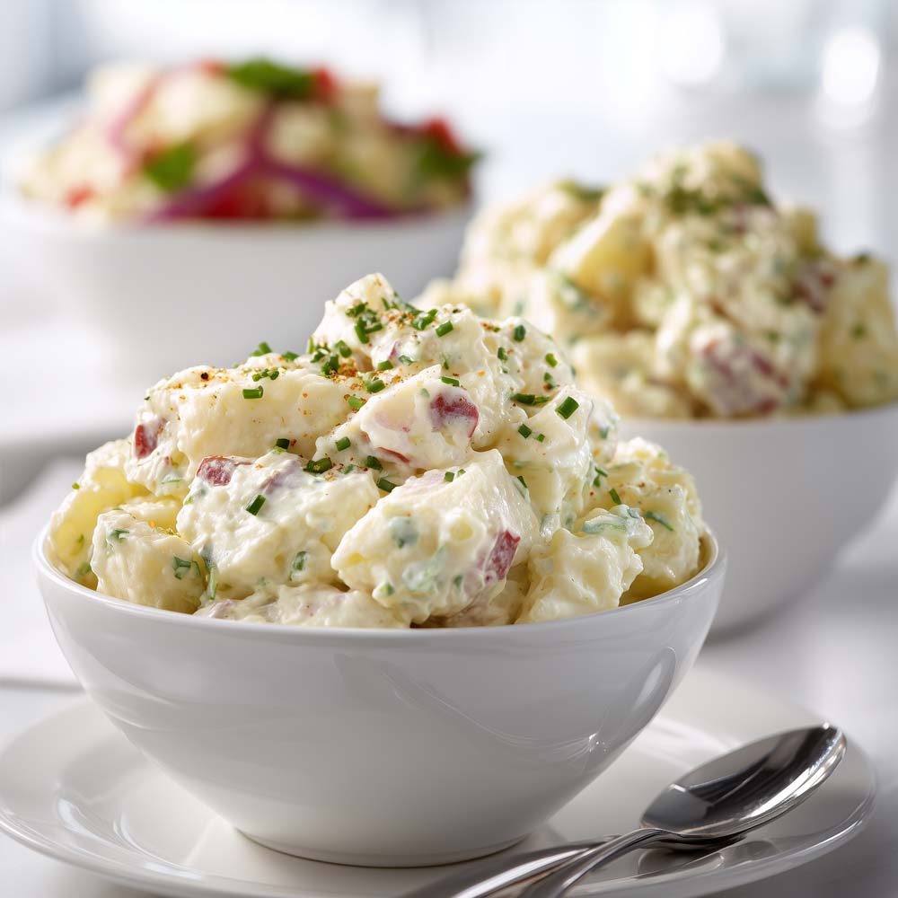 Classic potato salad in serving bowls for group dining, creamy traditional preparation for 15-30 people