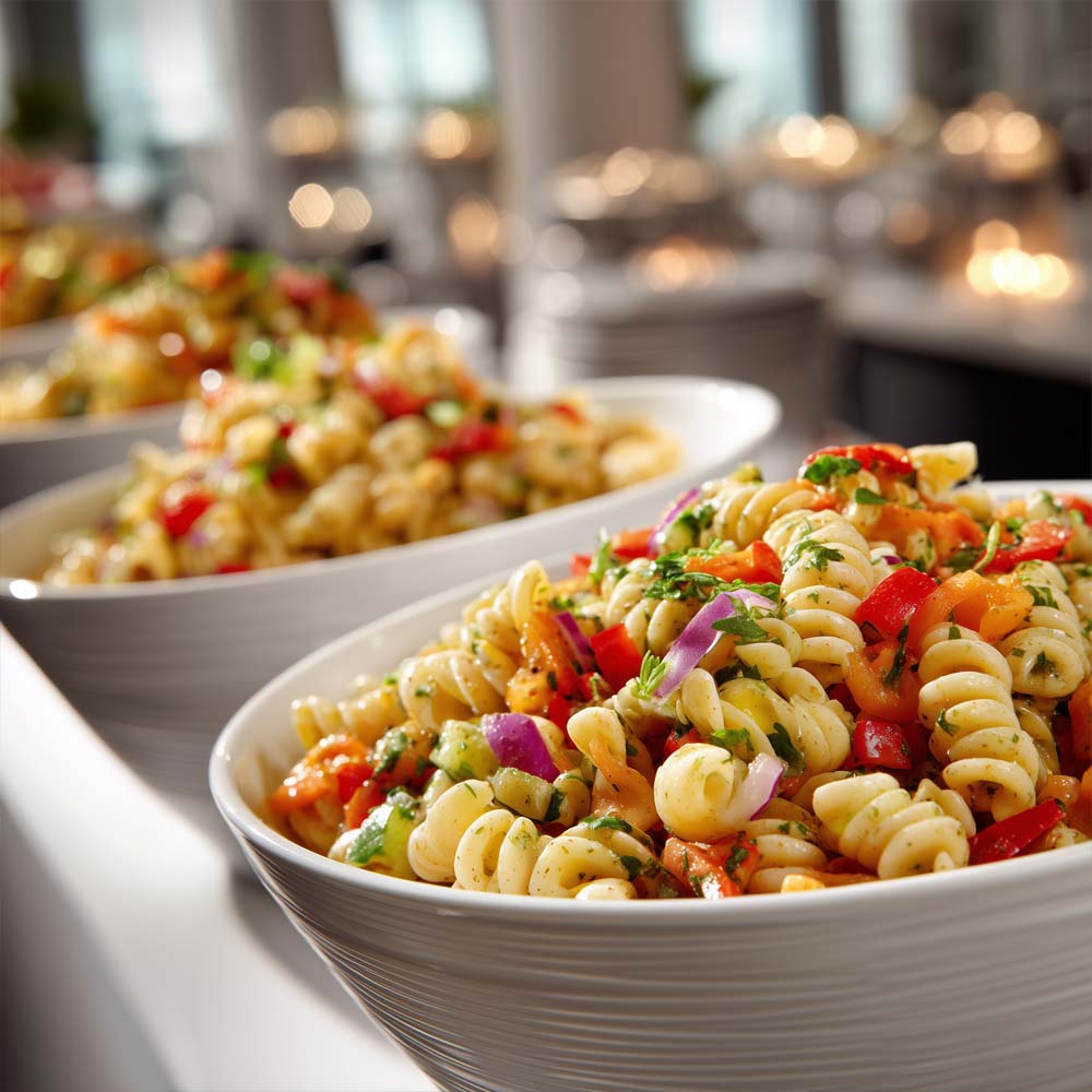 Premium pasta salad in serving bowls for group dining, colorful pasta with fresh vegetables for 15-30 people