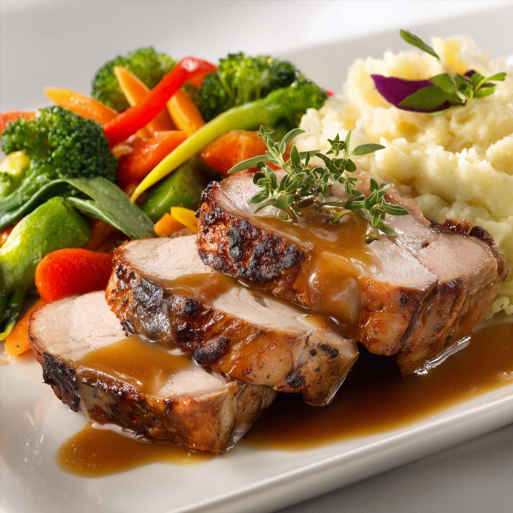 Roast pork loin with rich gravy, garlic mashed potatoes, and garden vegetable medley on dinner plate