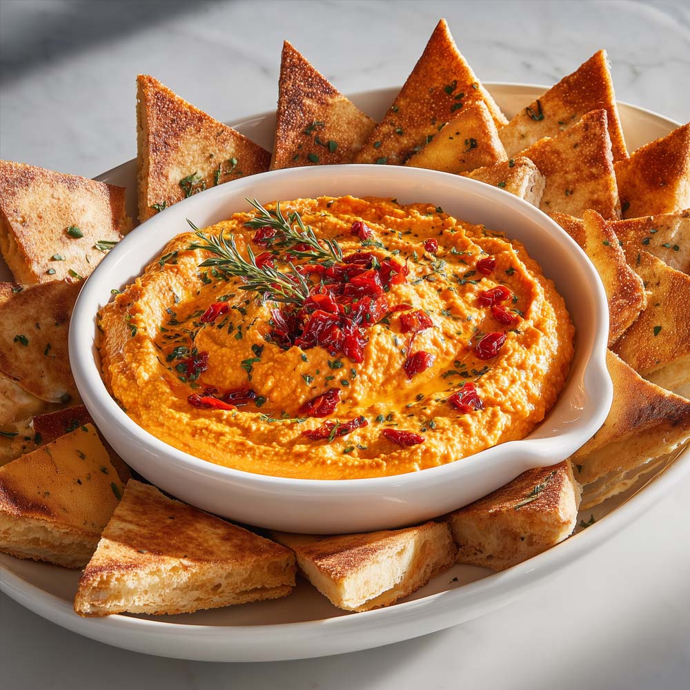 Roasted red pepper hummus with vibrant color in medium tray, served with toasted pita bread triangles