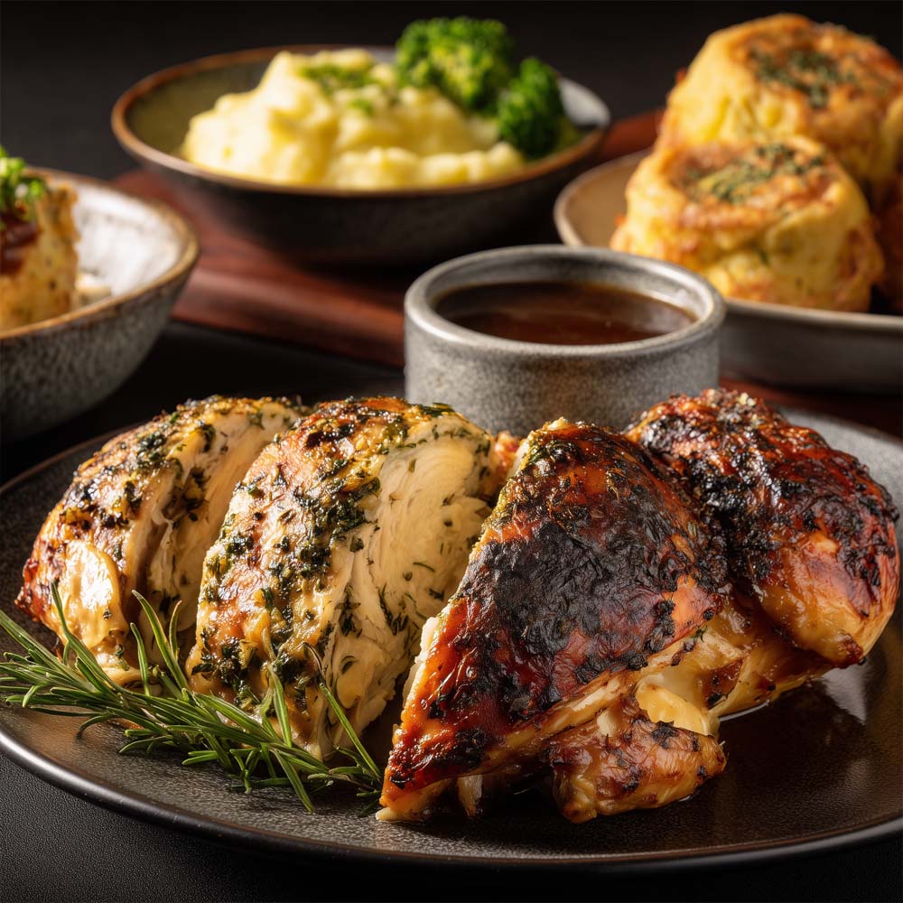 Herbed roasted rotisserie half chicken with crispy golden skin, two sides of choice, and rich gravy