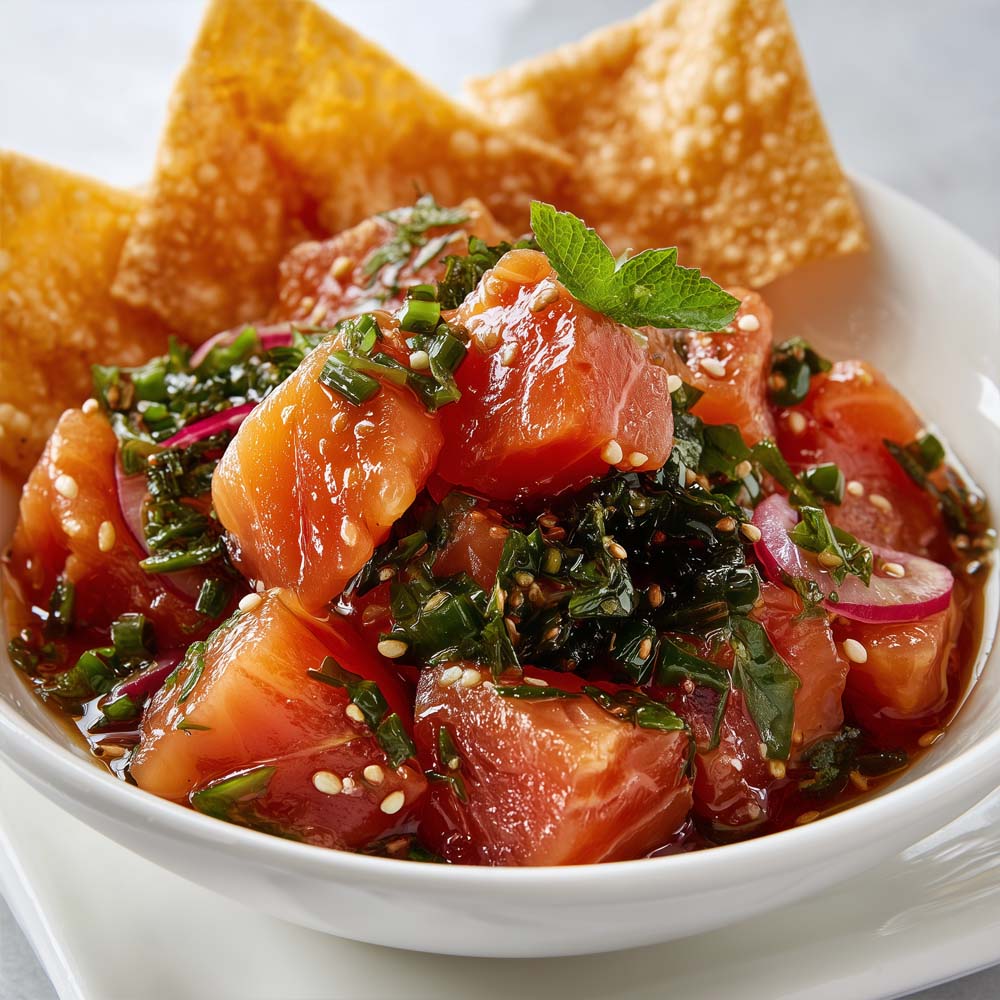 Salmon poke with fresh salmon cubes, rich pink color, fresh seaweed, red onions, and fried wonton chips