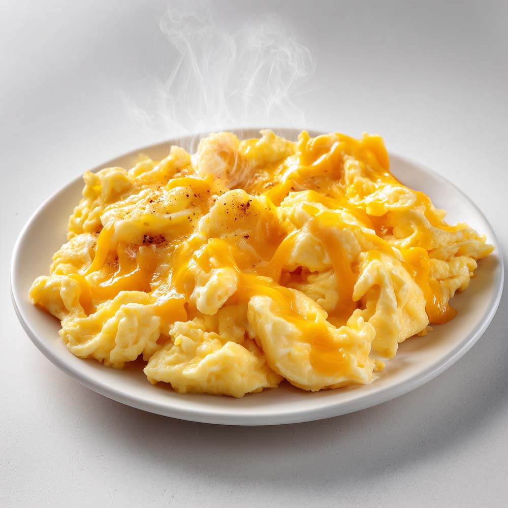 Scrambled cheese eggs with melted cheddar cheese and creamy, fluffy texture on white plate