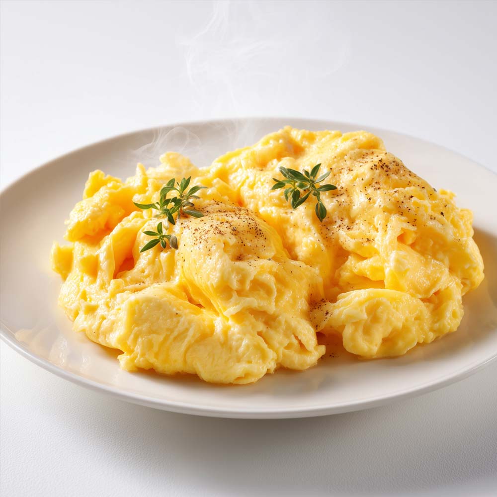 Perfectly scrambled eggs with creamy, fluffy texture from two extra large eggs on white plate