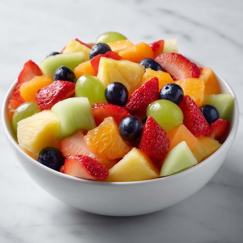 Fresh seasonal diced fruit bowl with colorful mixed fruits in white serving bowl