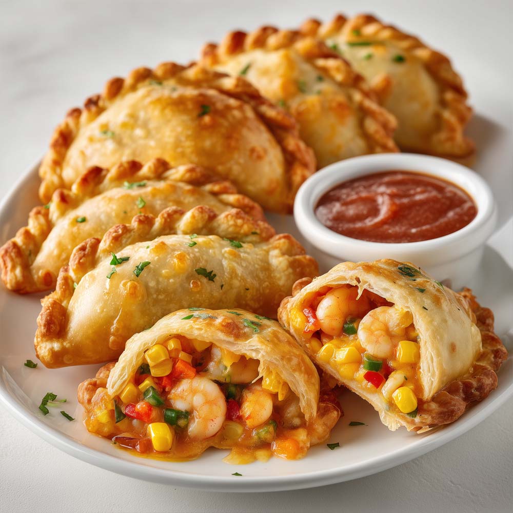 Shrimp fiesta empanadas with golden flaky dough, premium shrimp, corn, peppers, and cheese filling, served with chipotle red dipping sauce