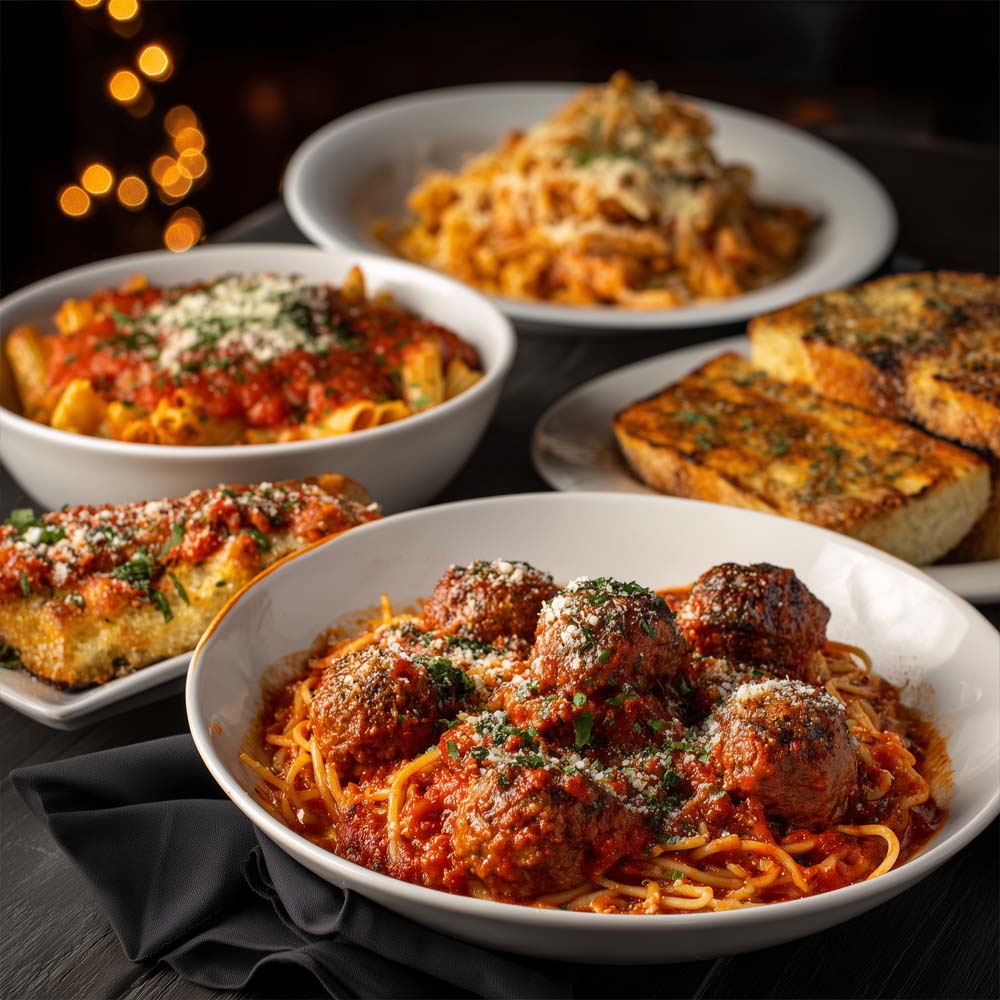Spaghetti and meatballs or baked ziti with house-made marinara sauce and garlic bread, Italian comfort food