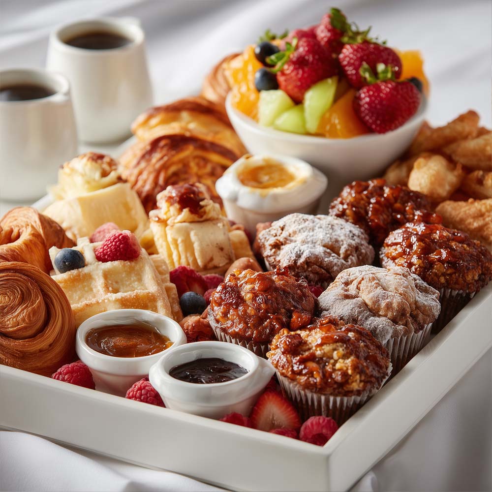 Sweet pastries tray with breakfast cakes, fruit Danish, muffins, and fresh diced fruit bowl with butters and jellies