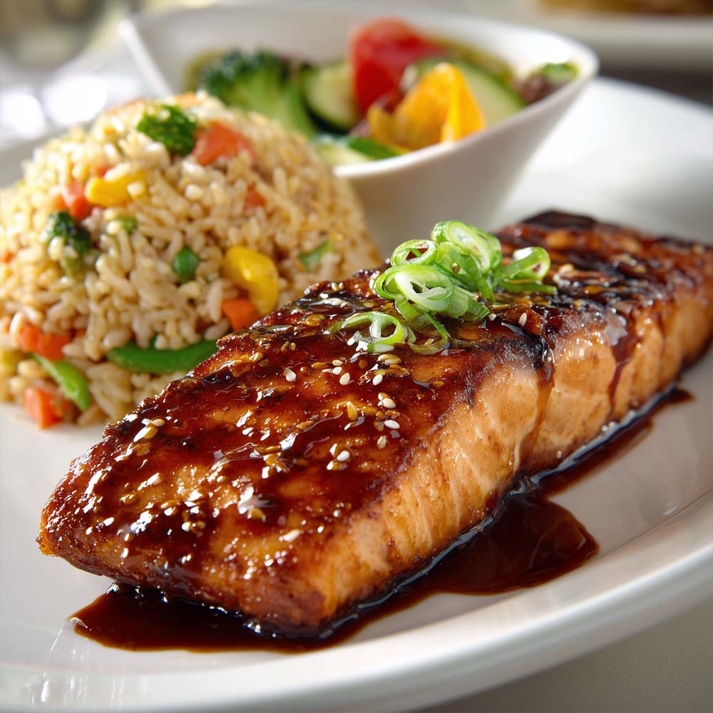 Teriyaki grilled salmon with glossy teriyaki glaze, garlic fried rice, and vegetable medley on dinner plate