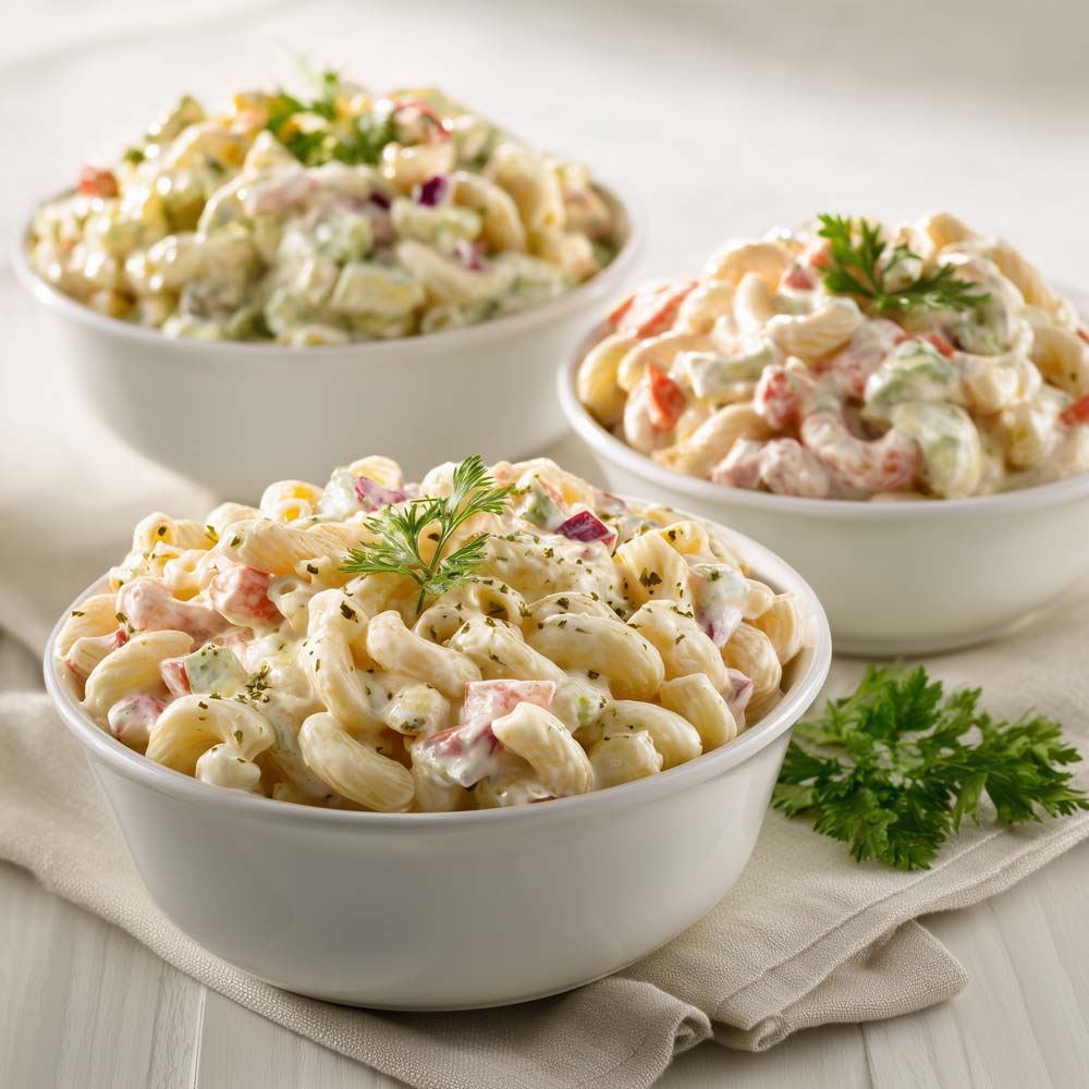 Traditional macaroni salad in serving bowls for group dining, classic deli-style preparation for 15-30 people