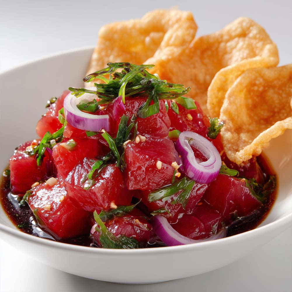 Tuna poke with sushi-grade ahi tuna cubes, fresh seaweed, red onions, and fried wonton chips