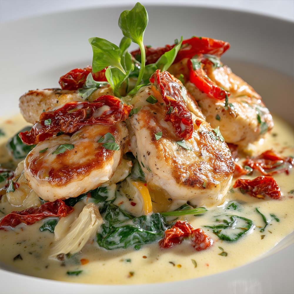 Tuscany chicken or shrimp with sun-dried tomatoes, artichoke hearts, and creamy Parmesan sauce with starch and rolls
