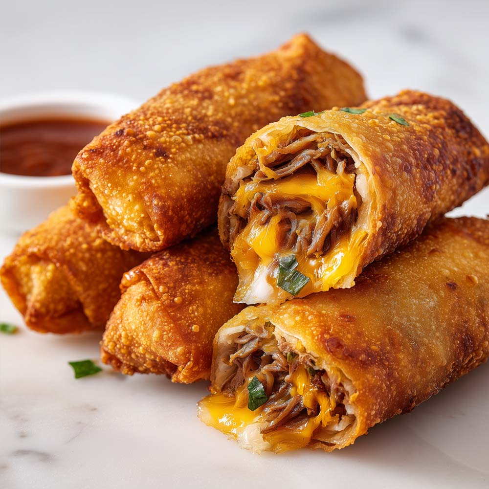 Vegan cheese steak rolls with crispy spring roll wrappers, shaved wheat protein and vegan cheddar cheese filling, served with chipotle red dipping sauce