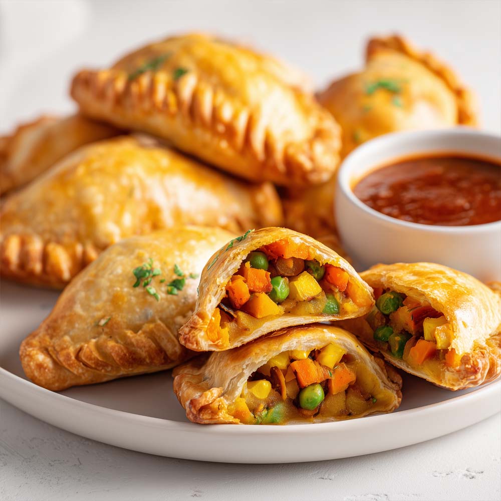 Vegan empanadas with golden flaky dough, colorful vegetable and curry filling, served with chipotle red dipping sauce