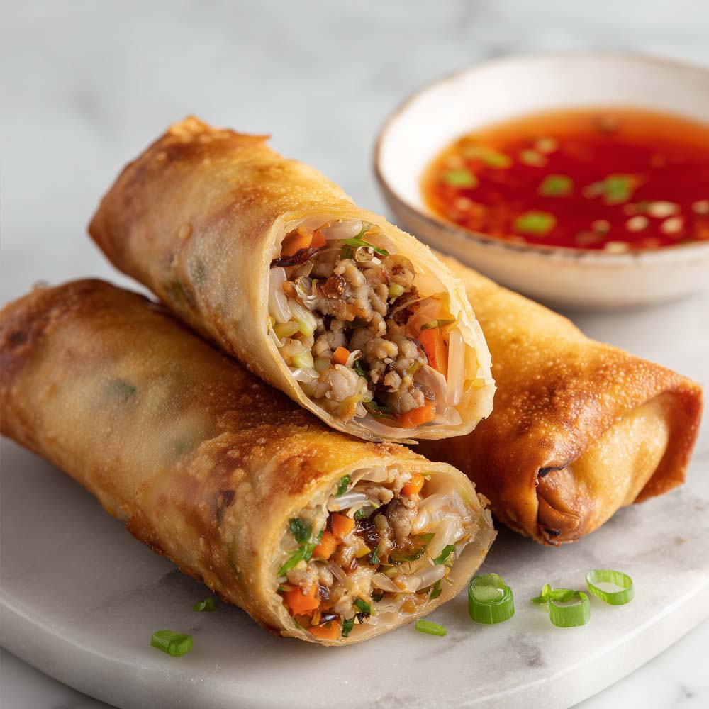 Vietnamese chicken spring rolls with ground chicken, glass noodles, vegetables, and sweet chili dipping sauce