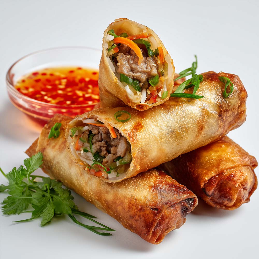 Vietnamese pork spring rolls with ground pork, glass noodles, vegetables, and sweet chili dipping sauce