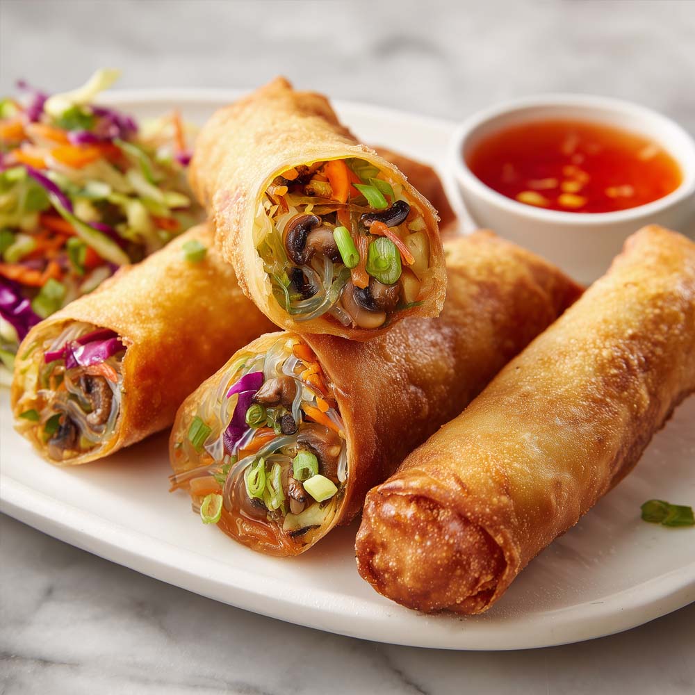 Vietnamese veggie spring rolls with cabbage, carrots, mushrooms, glass noodles, and sweet chili dipping sauce