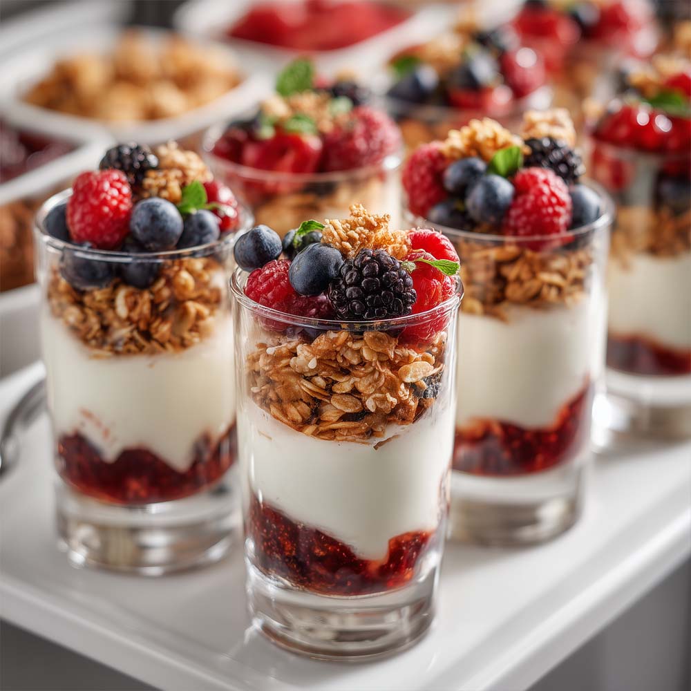Yogurt parfait with layers of Greek yogurt, fresh berries, compote, and granola in individual cups